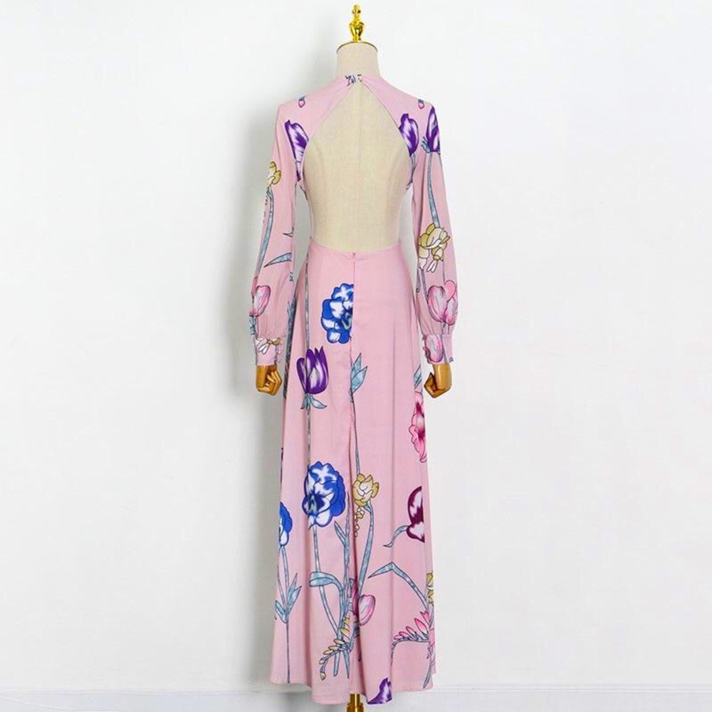 Sexy Backless Floral Print Long Sleeve Maxi Dress - Picture 4 of 6